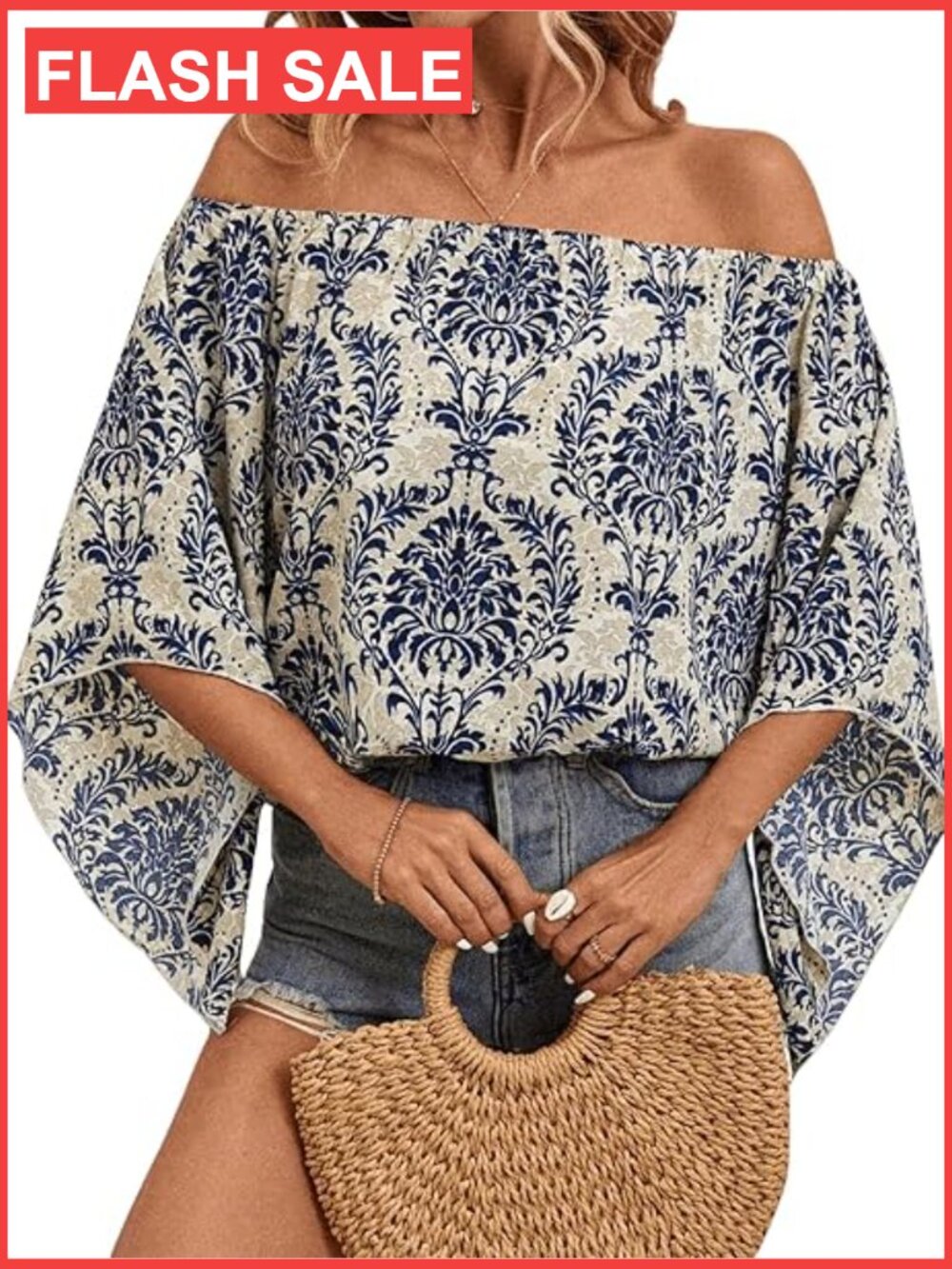 Off Shoulder 3/4 Bell Sleeve Floral Blouse Top Summer